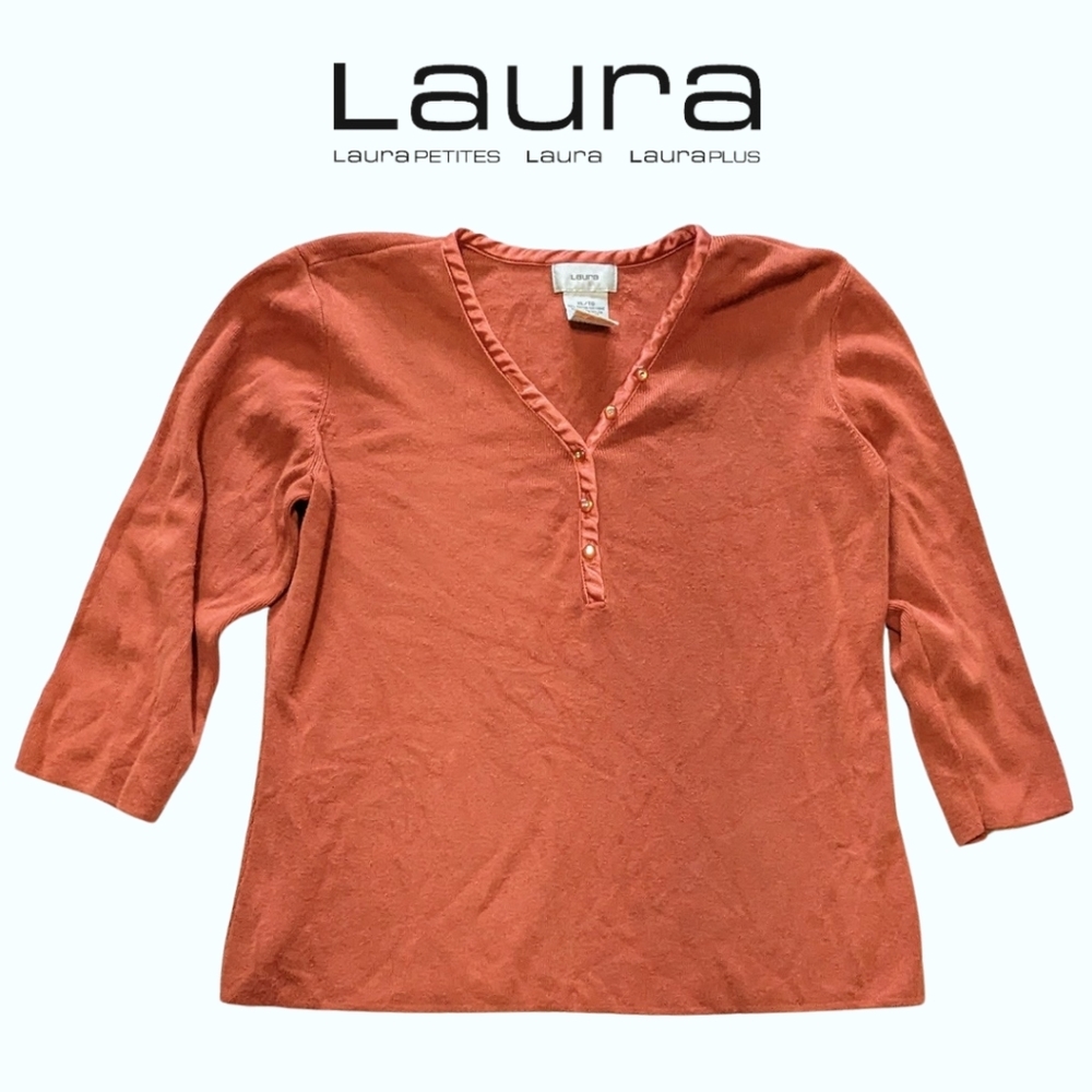 Laura size XL**, 3/4 length sleeve, v neck rust coloured pullover, GUC